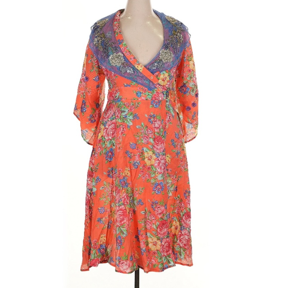 Aratta kimono dress Floral Orange Coral Wrap‎ style Blue sheer accent beaded XL